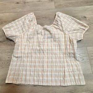 J. Crew Re-Imagined Plaid Puff Sleeve Top Size 16 XL Beige Cream Short‎ Sleeve